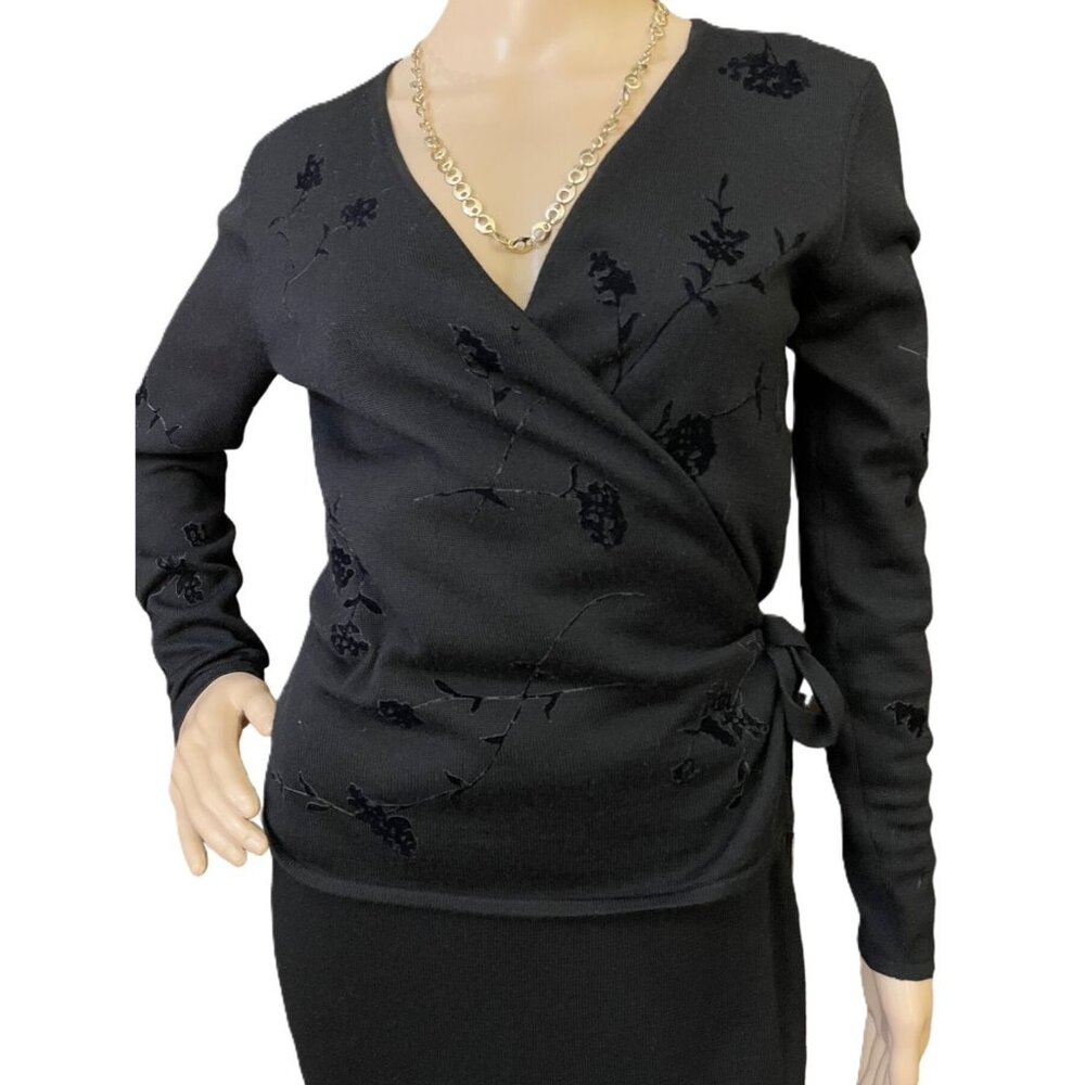 Jones New York Top Size 0P Black Wrap Knit Velvet Floral Vintage 1990s Elegant - Picture 1 of 14